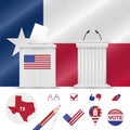 Presidential elections in Texas. Vector flag, ballot box, speaker`s podium, map and voting icon set