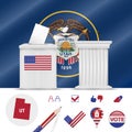 Presidential elections in Utah. Vector flag, ballot box, speaker`s podium, map and voting icon set