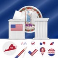 Presidential elections in Virginia. Vector flag, ballot box, speaker`s podium, map and voting icon set