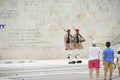 Presidential Guard outside Presidential Mansion and wall with greek character signs guards Tomb of Unknown Soldier