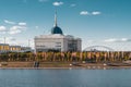 Presidential palace `Ak-Orda` with blue sky across river in Astana, Kazakhstan Royalty Free Stock Photo