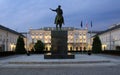 Presidential Palace in the evening illumination, silhouette of equestrian statue of Prince Jozef Poniatowski, Warsaw, Poland Royalty Free Stock Photo