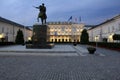 Presidential Palace in the evening illumination, silhouette of equestrian statue of Prince Jozef Poniatowski, Warsaw, Poland Royalty Free Stock Photo