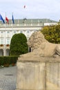 Presidential Palace, neoclassical monumental edifice on the street Krakowskie Przedmiescie, statue of lion, Warsaw, Poland