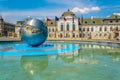 Presidential palace with the planet of peace statue in Bratislava, Slovakia...IMAGE