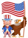 Presidents Day. Cartoon Uncle Sam and American eagle holding American flag