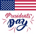 Presidents Day hand lettering in USA with american flag and white background. Typographic design. Hand lettering