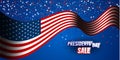 Presidents` Day Sale banner with american flag and stars background.