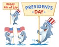 Presidents day. 4th of july. Funny dolphin holds American flag