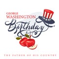 George Washington Birthday greeting card with lettering and American president`s hat