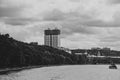 Presidium of Russian Academy of Sciences in Moscow and Andreevskiy bridge on Moscow River. Moscow, Russia.