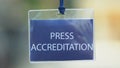 Press accreditation pass in cover, mass media, journalist card, authorization