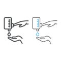 Press button hand to pump liquid soap line and color line icon, wash and hygiene, hand and soap sign, vector graphics, a