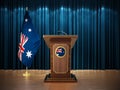 Press conference with flags of New Zealand and lectern against the blue curtain. 3D illustration