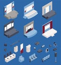 Press conference hall constructor isometric icons set including tribune chairs and presentation equipment isolated vector