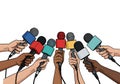 Press conference illustration with diverse hands holding microphones for media event coverage and journalism representation Royalty Free Stock Photo