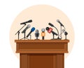 Press conference podium. Tribune for debate speaker with journalist microphone. Platform for interview or public