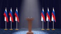 Press conference of president of Russia concept, Politics of Russia. Podium speaker tribune with russia flags and coat arms. 3d r Royalty Free Stock Photo