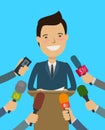 Press Conference. Public speaker, interview with journalists. Cartoon vector illustration