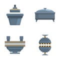 Press machine icons set cartoon vector. Industrial automatic press form machine