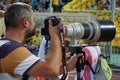 Press photographer at work on a match of the Russian Premier League Kuban-Ufa