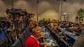 Press room briefing of european union with cameras and journalists