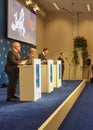 Press room briefing of european union with cameras and journalists
