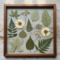 Pressed botanical collection encased in a wooden frame, featuring an array of dried Royalty Free Stock Photo