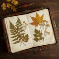 Pressed botanical specimens in an open book, displayed in a wooden case. Includes Royalty Free Stock Photo