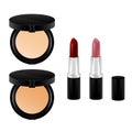 Pressed powder and red pink lipstick in black package