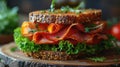 Pressed and toasted double panini with ham and cheese served on sandwich paper on a wooden table Royalty Free Stock Photo