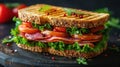 Pressed and toasted double panini with ham and cheese served on sandwich paper on a wooden table Royalty Free Stock Photo