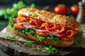 Pressed and toasted double panini with ham and cheese served on sandwich paper on a wooden table Royalty Free Stock Photo