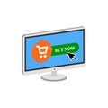 Pressing Buy Button on Display, Online Commerce symbol.