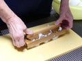 Pressing Japanese wood mold making Onigiri Japanese rice ball