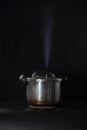 Pressure cooker releasing steam through the lid, against a black background