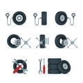 Pressure diagnostic and replacement wheels tools. Automobile tires, discs vector icons set. Car service design elements.