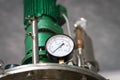 Pressure gauge, measuring instrument close up on pneumatic control system.