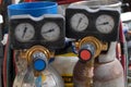 Pressure gauges for acetylene and oxygen cylinders close-up