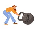 Pressure of Loan with Woman Character Pulling Heavy Kettlebell Vector Illustration