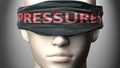 Pressures can make things harder to see or makes us blind to the reality - pictured as word Pressures on a blindfold to symbolize