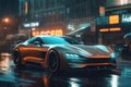 A prestige sportscar is parking in a rainy reflecting city night in the cinematic teal and orange cinema style.