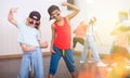 Preteen african boy and european girl hip hop dancers during group class Royalty Free Stock Photo