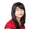 Preteen biracial girl in red shirt on white background