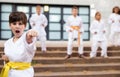 Preteen boy practicing karate at schoolyard Royalty Free Stock Photo