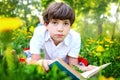 Preteen boy reading book outdoor spring Royalty Free Stock Photo