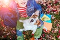 Preteen Cute Boy Sitting on Grass in a Fall Autumn Time Reading His Book, Hugging His Dog Over Climbing Grapes Outdoor. Education Royalty Free Stock Photo