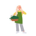 Preteen girl child little gardener cartoon character holding basket with greens gesturing thumbsup