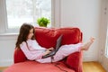 Preteen girl enjoyes homeschooling. Remote education and lockdown concept