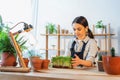 Preteen girl touching microgreen plants near